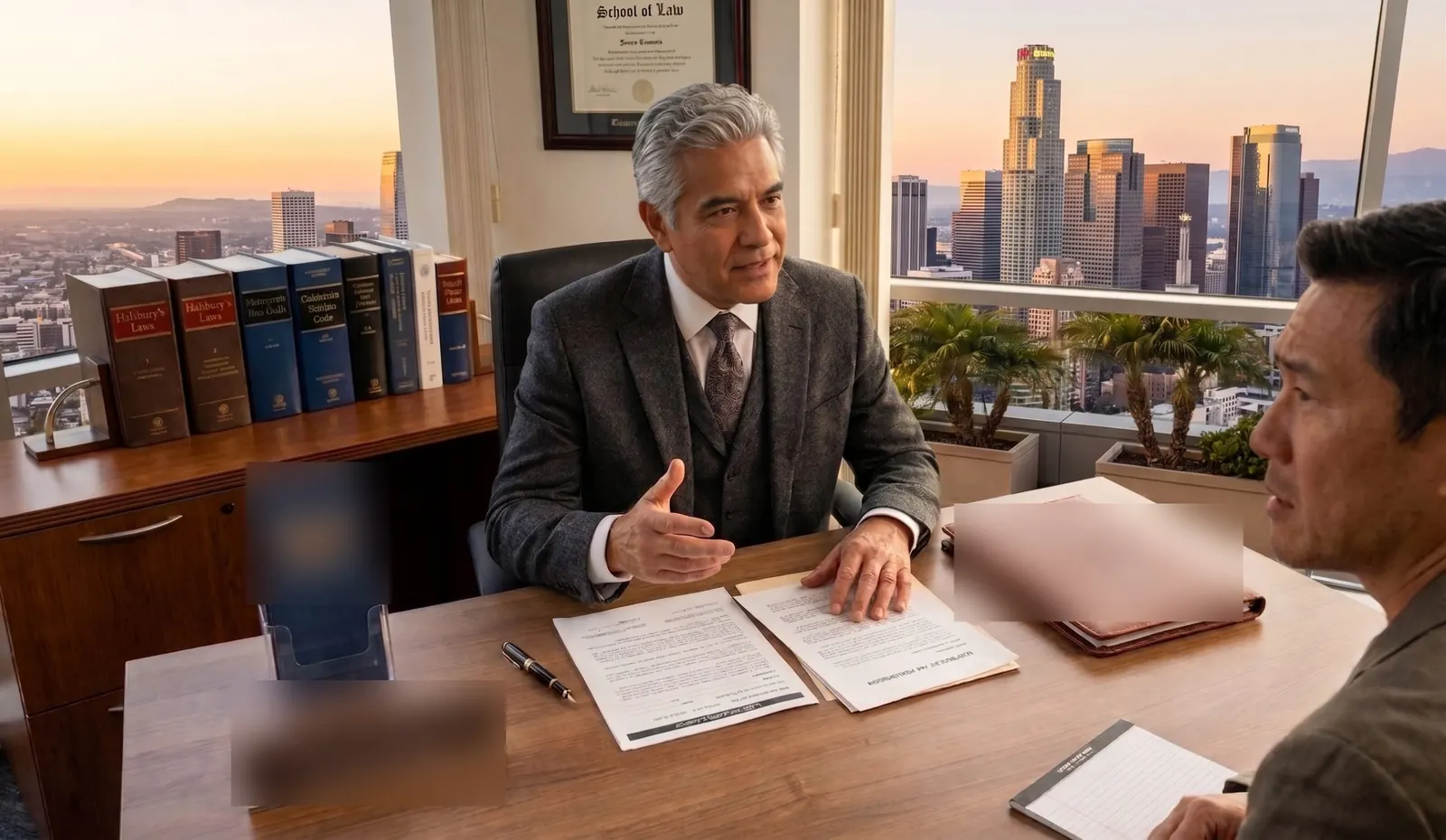 Defense attorney talking a client through his case at an office desk