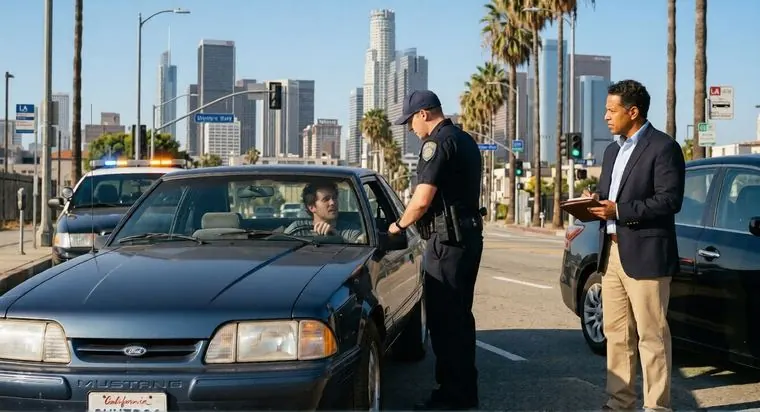 Officer speaking with a driver at a downtown traffic stop