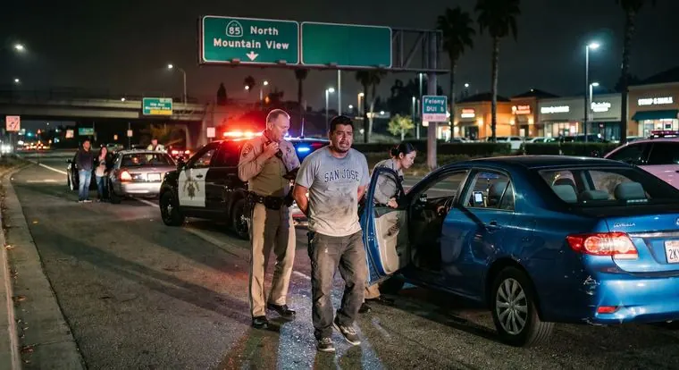 Police at the scene of a night-time crash at a freeway exit