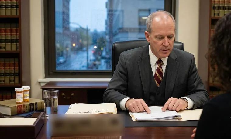 Attorney reviewing a prescription-drug DUI file, medication bottles on the desk