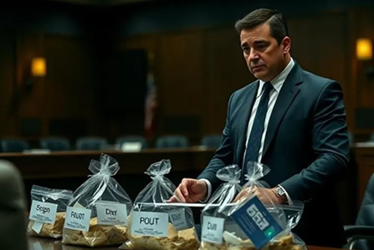 Attorney in court beside bagged cannabis evidence