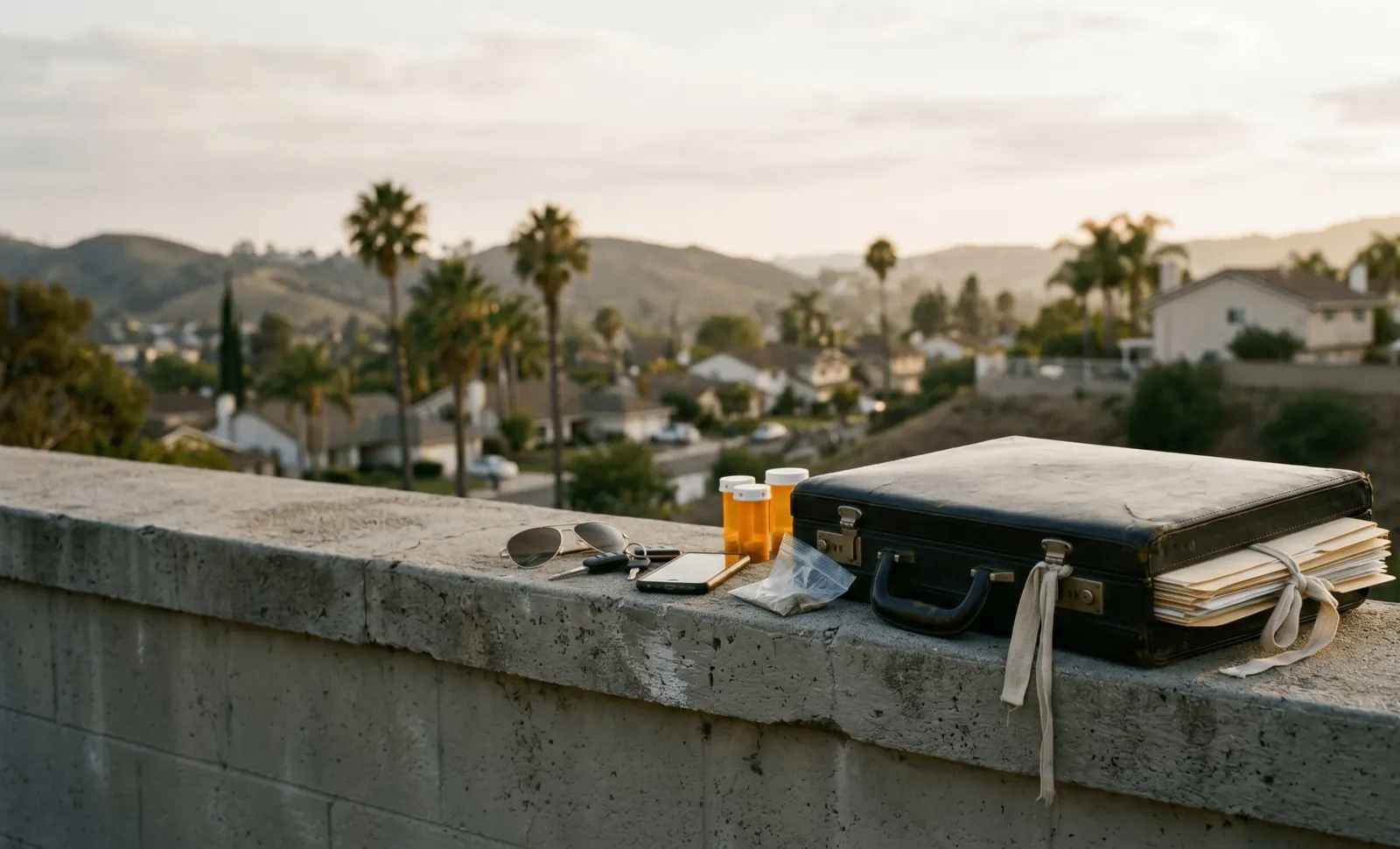 Briefcase and medication bottles on a ledge overlooking Diamond Bar