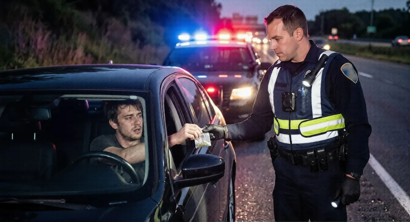 Officer checking a driver's license at a night-time traffic stop