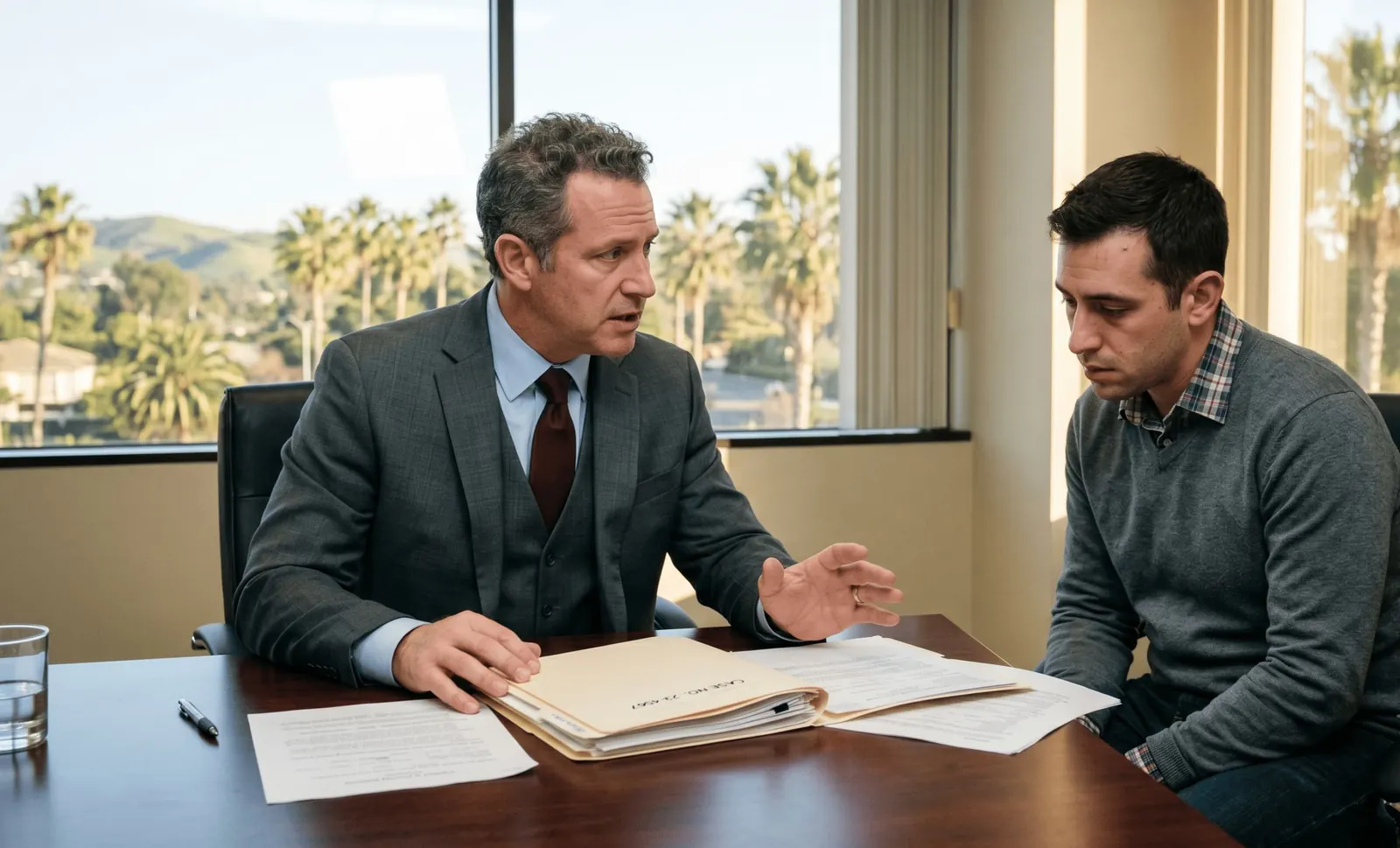 Attorney going over case papers with a client in an office
