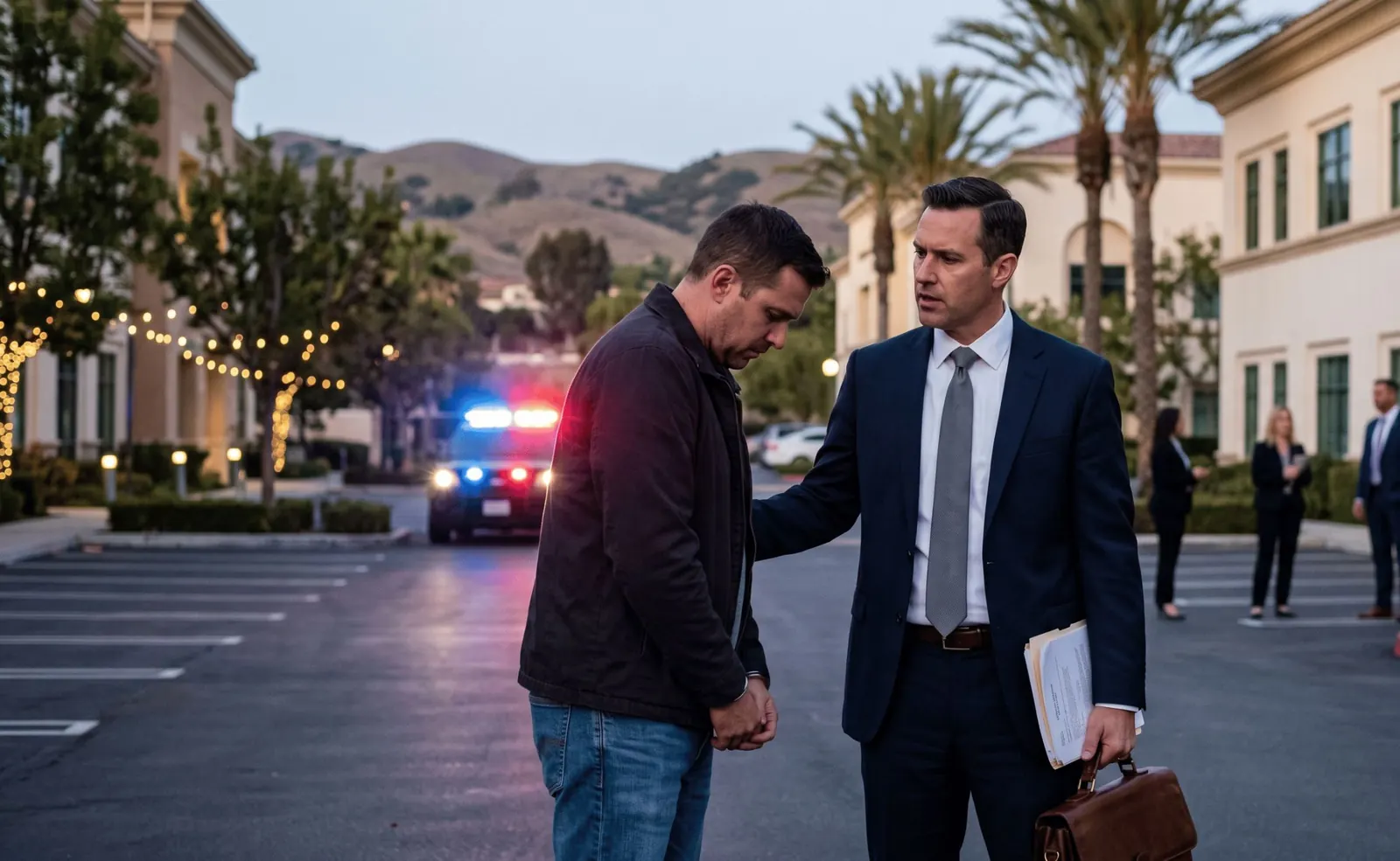 Attorney with a client outside an office at dusk, police lights behind them