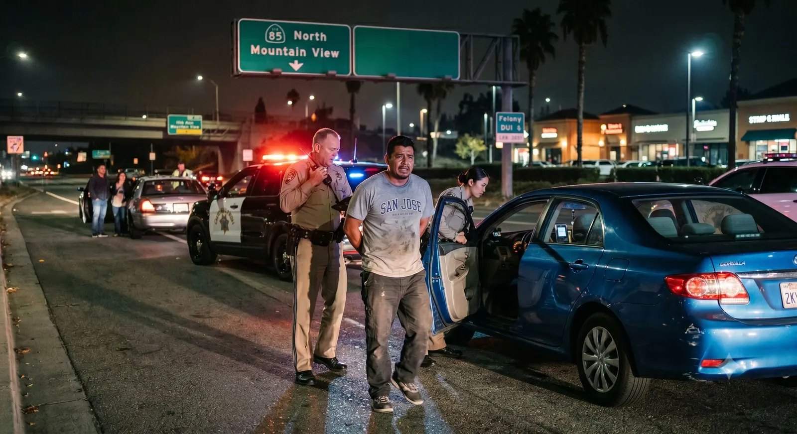 Police at the scene of a night-time crash at a freeway exit