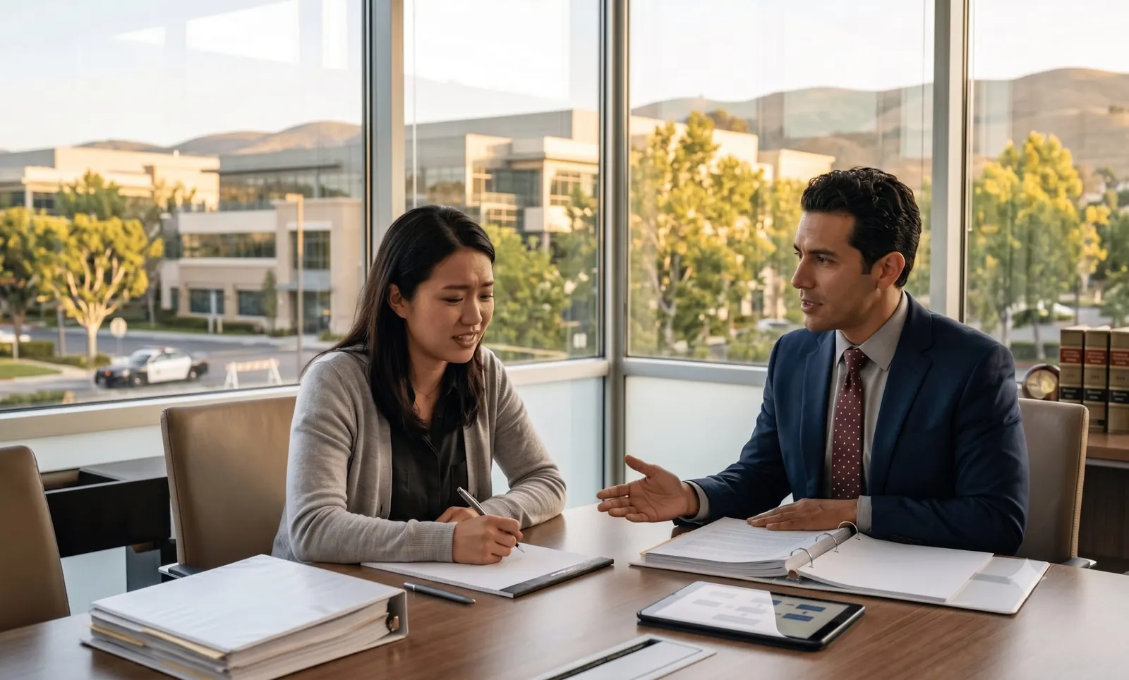 Attorney meeting a client in an office overlooking the hills