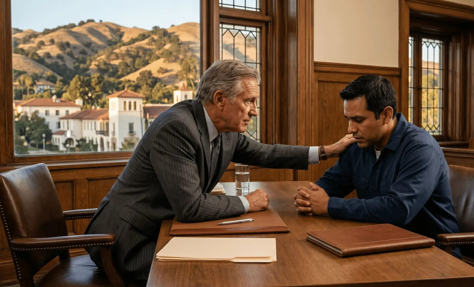 Attorney reassuring a client during a meeting