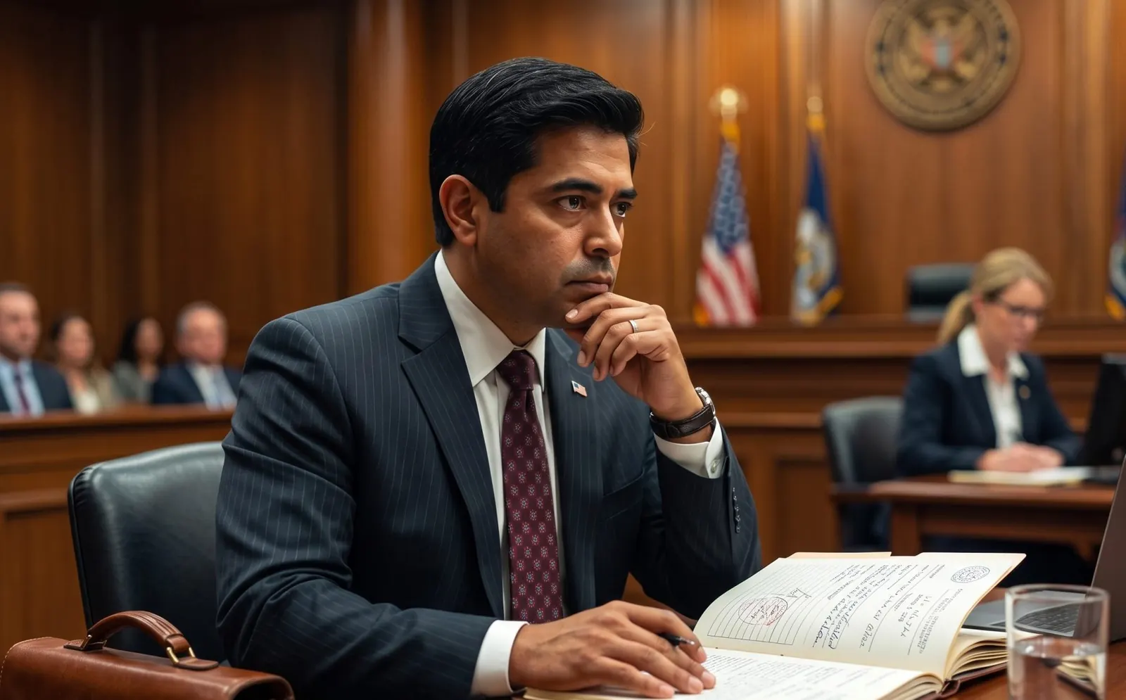 Defense attorney listening in court during a hearing
