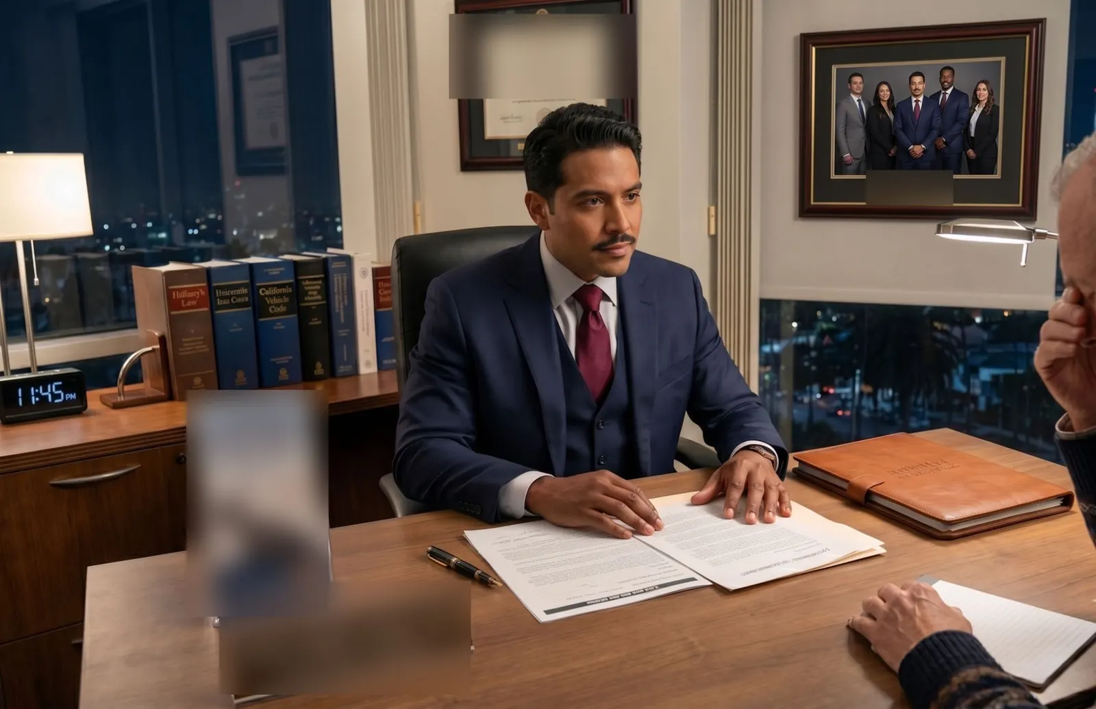 Defense attorney at his desk going over a repeat DUI case with a client