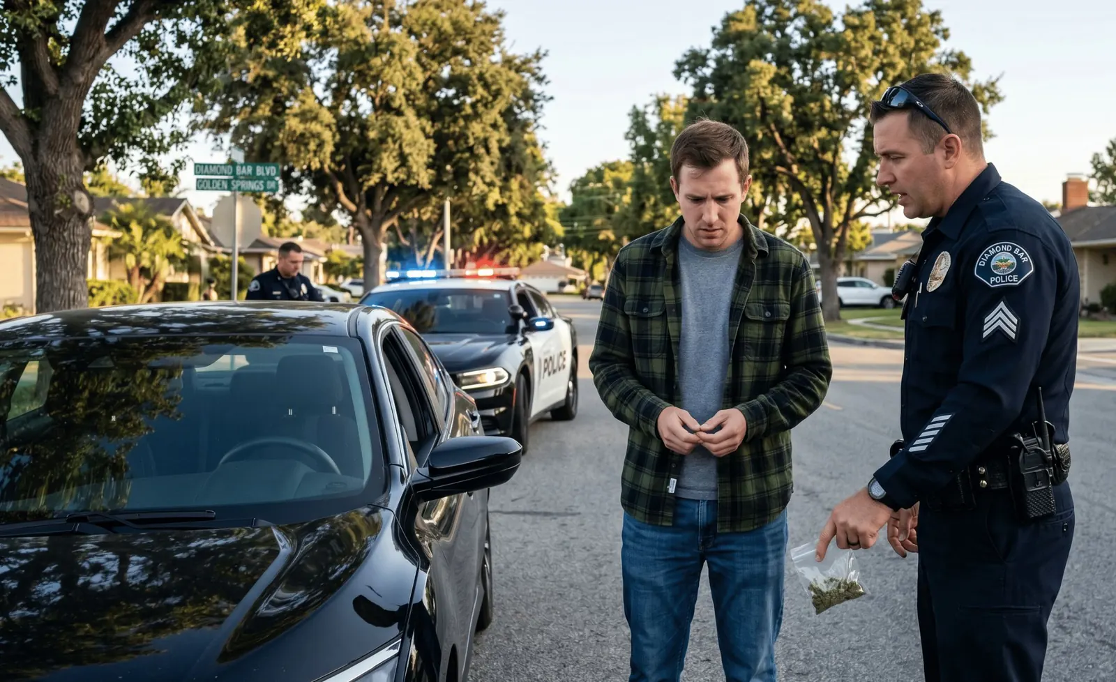 Officer questioning a driver beside his car at a traffic stop
