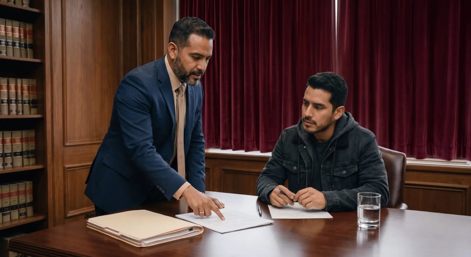 Attorney reviewing papers with a client at his desk