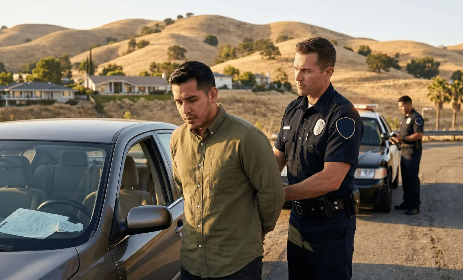 Officer escorting a handcuffed driver from his car