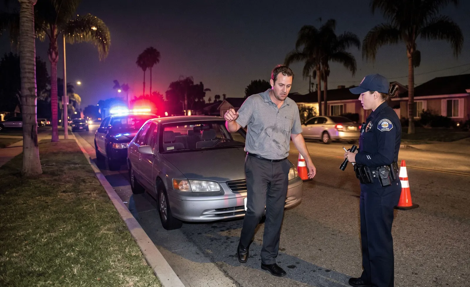 Officer giving a driver a field sobriety test at night